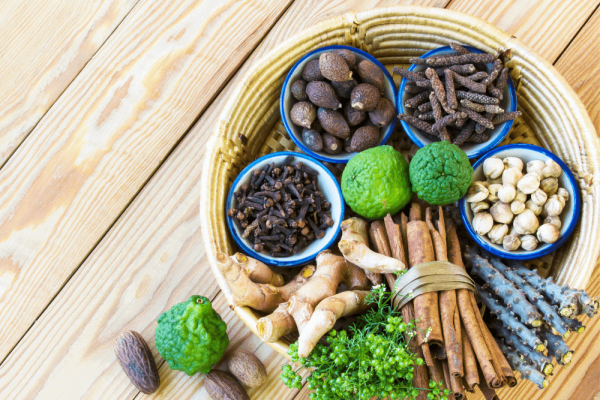 Symbolic representation of Ayurvedic balance with natural elements